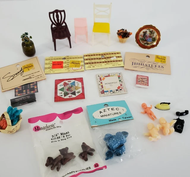 Vintage Dollhouse Miniatures Furniture Chairs Basket Games Babies Mixed Lot OOAK