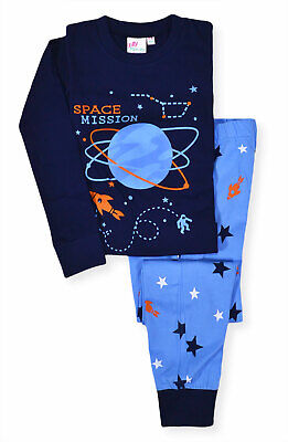 Boys Pyjamas New Kids Long Sleeved Space Navy Rocket Star PJ Set Ages 2-13 Years