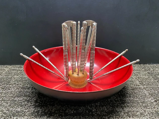 Vintage Metal Nutcracker Bowl Wood Center Nut Cracker Picks Utensils