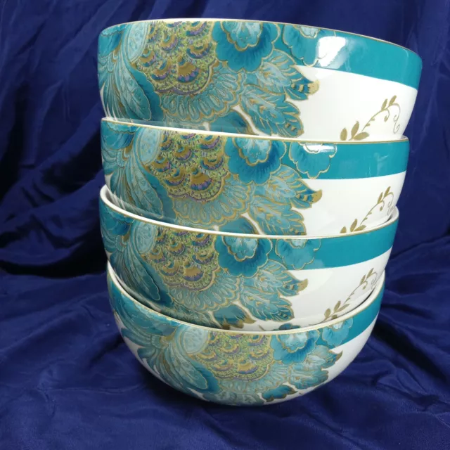 Set of 4~222 Fifth ELIZA TEAL Soup / Salad Bowls 5 1/2” Turquoise Peacock Blue