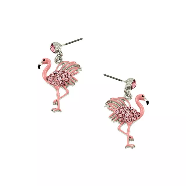 Flamingo Earrings Drop Dangle Pave Rhinestone Crystal Pink SILVER Jewelry Bird