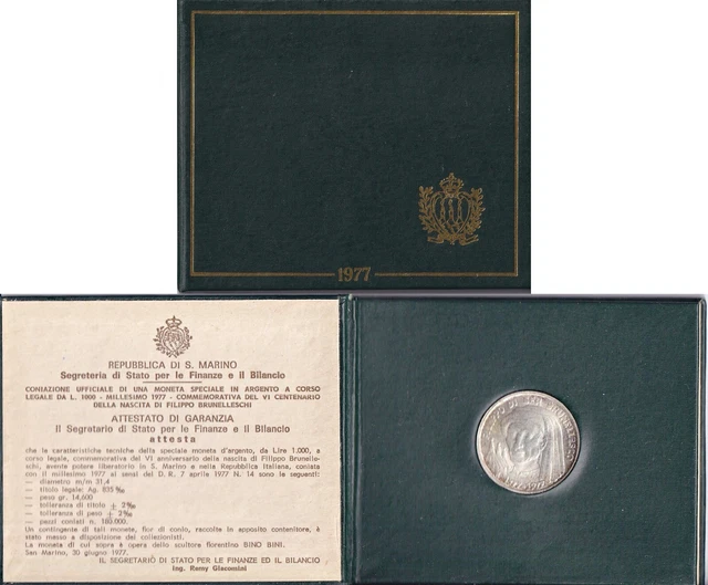 SAN MARINO Millesimo 1977 FDC 1000 Lire ARGENTO Filippo Brunelleschi Astuccio