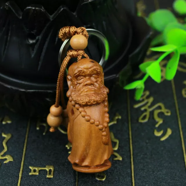 Dharma Patriarch Bodhidharma Statue Chinese Wood 3D Carving Pendant Key Chain