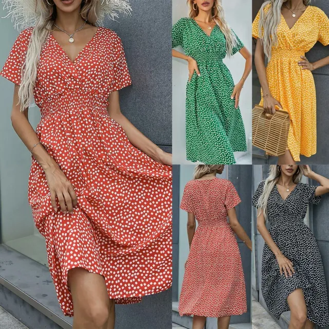 Womens Floral Boho V Neck Summer Midi Dress Ladies Holiday Short Sleeve Sundress