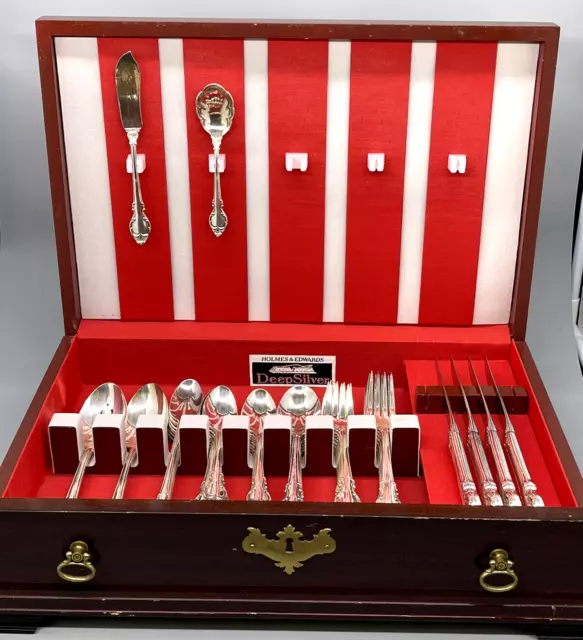 Holmes & Edwards 60 pc Deep Silver IS Inlaid Flatware Chest 6 pc Setting for 8