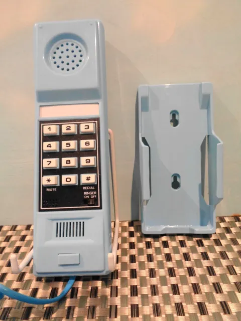 1980s Pale Blue Push Button Slim Wall Phone With Cradle.