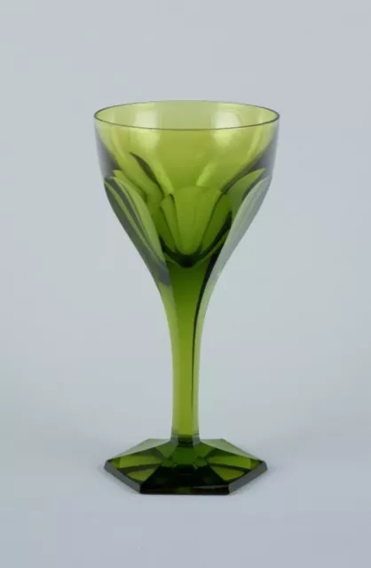 Val St. Lambert, Belgium.  Three green Legagneux white wine crystal glasses 2