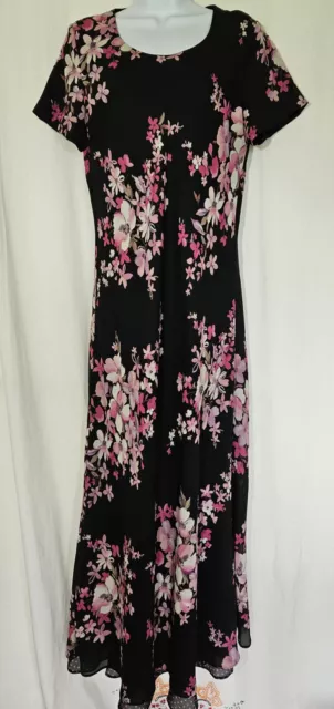 Womens Worthington Cap Sleeve Dress Size 12T Tall Black Floral W/ Polka Dot Slip