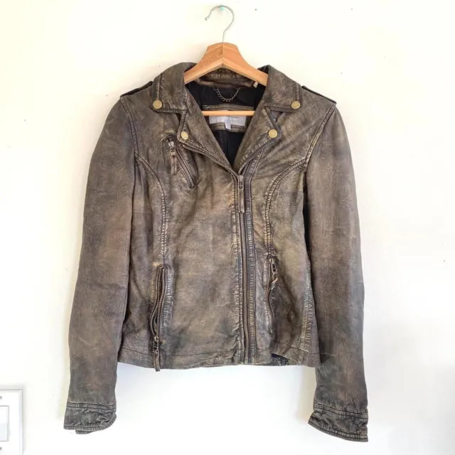 Marc New York Andrew Marc Black Brown Gold Moto Leather Jacket Size Small