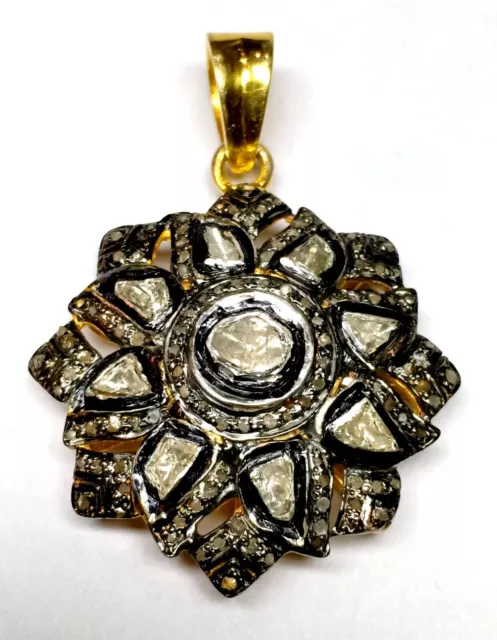 Natural Rose Cut Diamond Pendant Vintage Victorian Style 925 Sterling Silver.