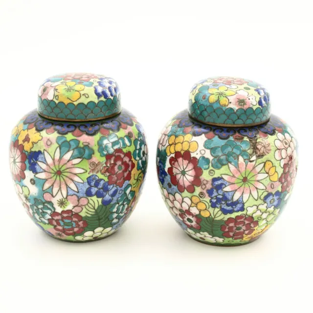 Antique Chinese Cloisonné Pair of Lidded Jars with Floral Garden Decorations