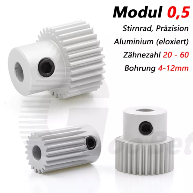 Stirnrad Zahnrad aus Aluminium Modul 0,5 mit Nabe 20 - 60 Zähne Motor Ritzel Alu