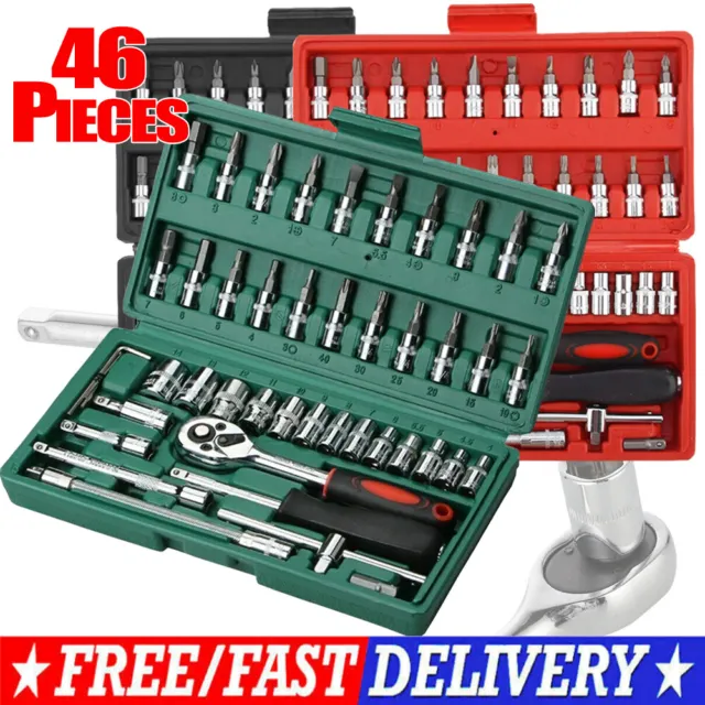 46Pieces Spanner Socket Ratchet Wrench Set 1/4" Drive Car Repair Tool Kit w/Case