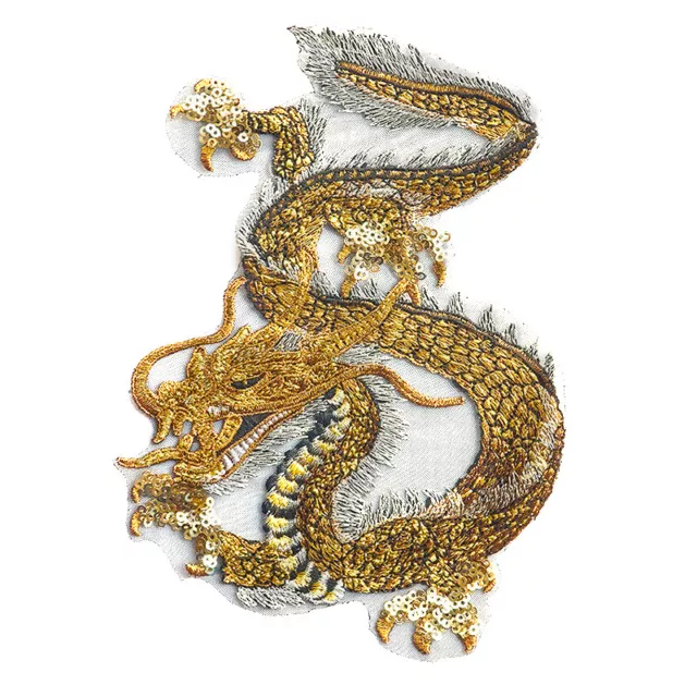 Grande maestoso distintivo ricamato drago orientale cucito su toppa oro paillettes ricamato fai da te
