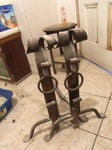 Early HAND Forged WROUGHT IRON ANDIRONS 19th Century Fiddlehead Tops Spade Feet