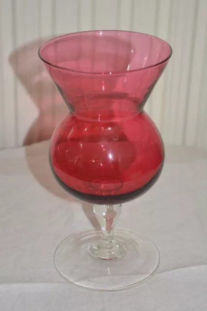 Vintage Cranberry large wine glass-shaped vase, clear base (8½”)