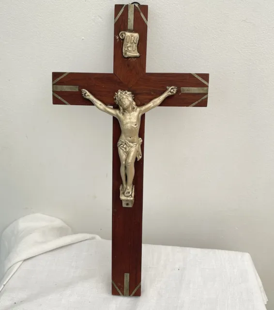 12” Antique French Cross Crucifix Wood Inlay Metal Silver Wall Christ