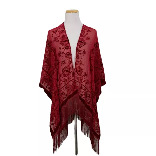 Mixit Velvet Burn Out Kimono Cardigan Floral Fringe Womens One Size Red Boho Art