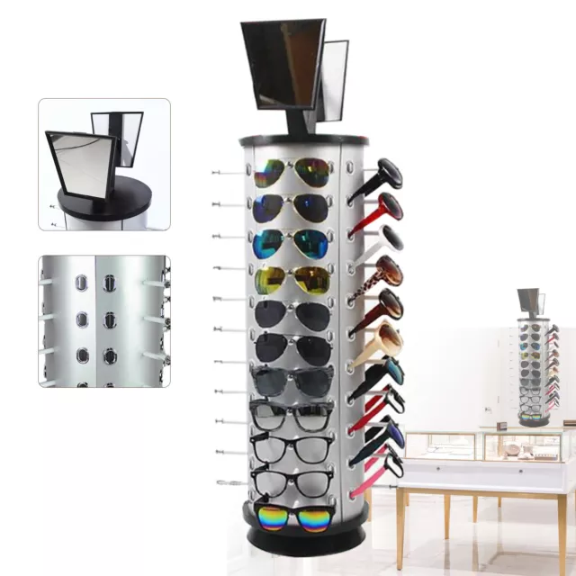 44 Pairs Sunglass Display Rack Rotating Metal Glasses Holder Stand w/ Mirror USA