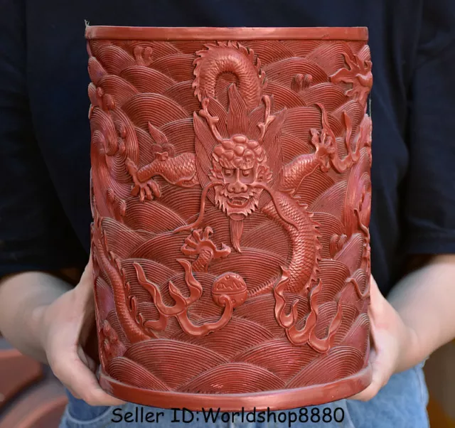 9.6" Qianlong Marked Old Red Lacquerware Dynasty Dragon Brush Pot Pencil Vase