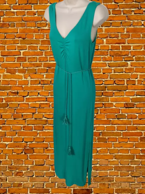 Bnwt Womens M&S Size Uk 6 Green Stretch Ruched Sleeveless Maxi Dress Tassel Belt