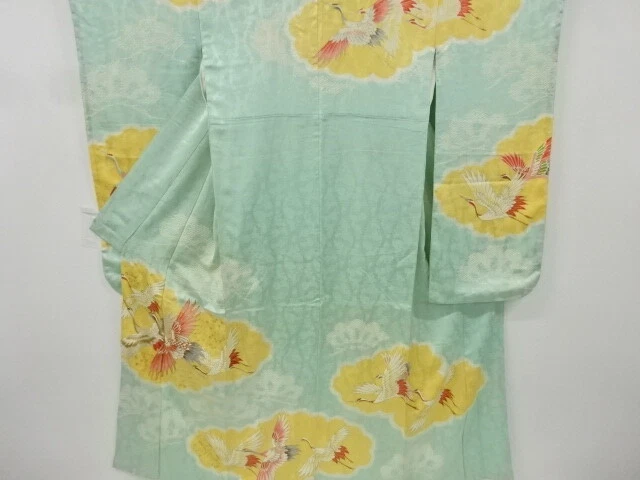 6835109: Japanese Kimono / Antique Furisode / Shibori / Embroidery / Crane