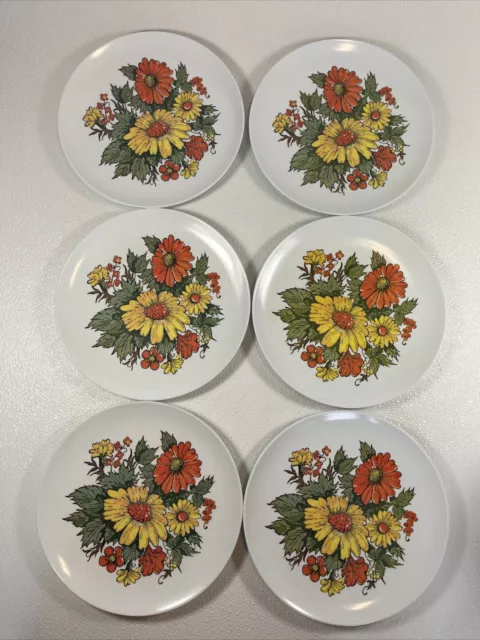 6 Vintage 10” Texas Ware Melamine Dinner Plates Floral Orange Yellow Flowers