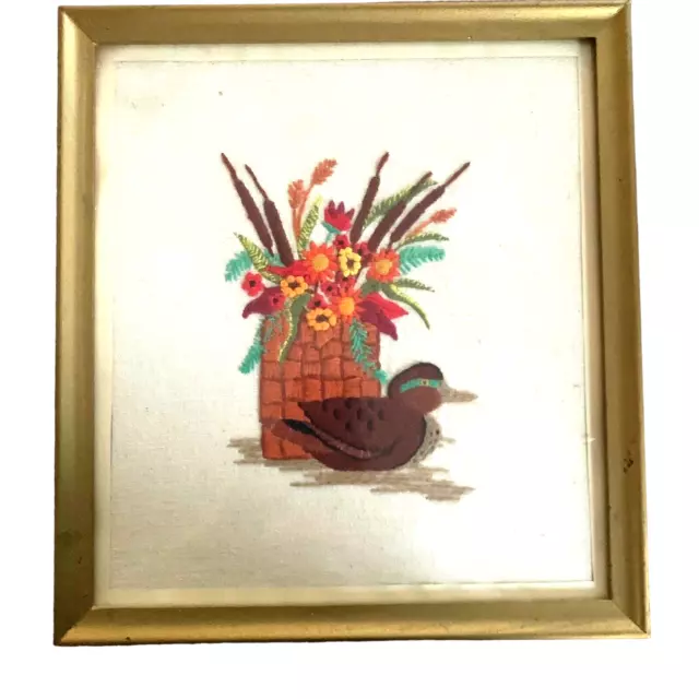 Crewel Framed Art Embroidered Basket of Flowers w/ Mallard Duck  13"x14" Vintage
