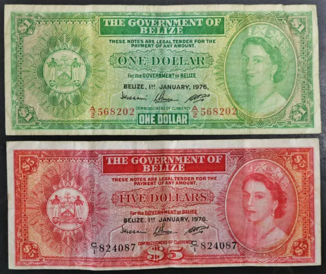Lot of 2 1976 Belize Notes : 1 Dollar & 5 Dollars
