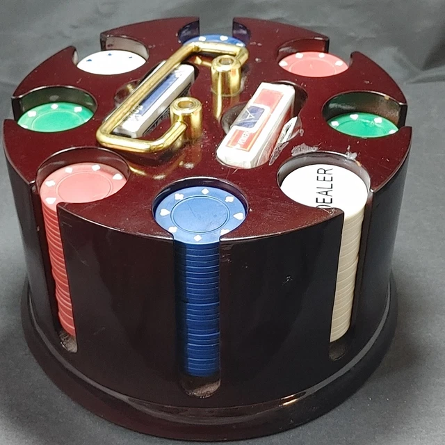 Vintage Wood Poker Chip Carousel Set Suited Chips w Card Holder & 2 Decks