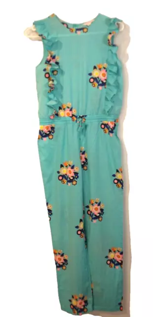 Country Road Girls Size 12 Aqua Blue 70's Floral Print Cotton Summer Jumpsuit