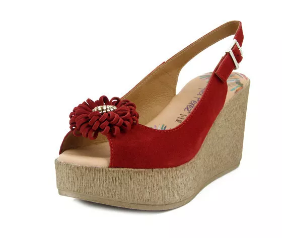 Sandales Cuir Femme en Daim Rouge 40 Compensé Haute 8 CM Et Plateau RAQUEL PEREZ