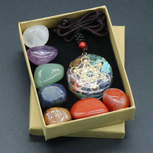 Natural 7 Chakra Healing Crystal Tumbled Stone Reiki Orgonite Pendant + Gift Box