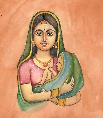 Fait à la Main Indien Miniature Ancien Art & Peinture Un Femme Mère Avec Enfant