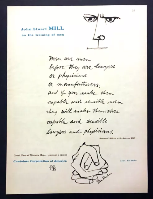 1955 Ben Shahn art John Stuart Mill Quote Training of Men CCA vintage print ad