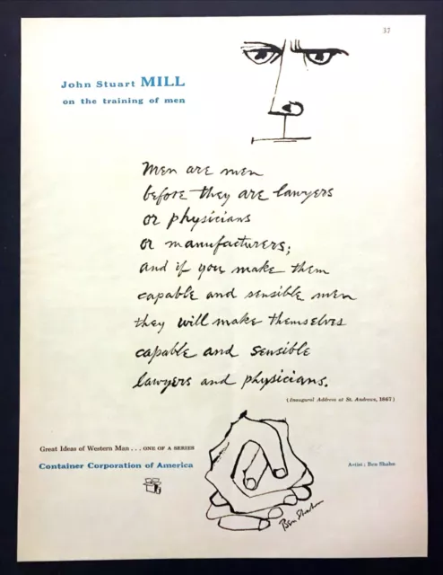 1955 Ben Shahn art John Stuart Mill Quote Training of Men CCA vintage print ad 1955 Ben Shahn art John Stuart Mill Quote Training of Men CCA vintage print ad