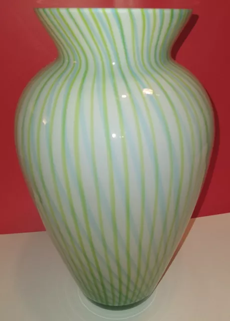 Large Beautiful Art Glass Vase Ribbon Stripes Blue Green White Clear 14 Inch