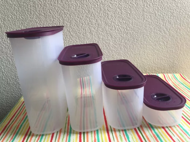 Tupperware Set of 4 Oval Modular Mates New Style w/ Date Dial Sheer w/ Plum  New 2