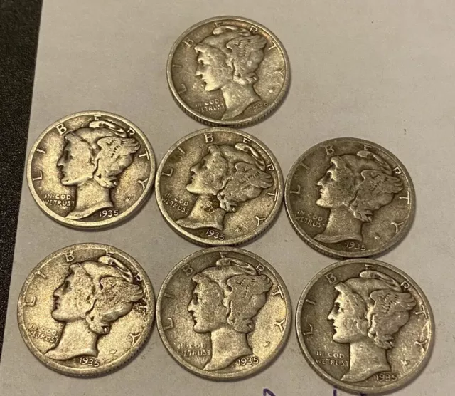 Lot Of 7 1935 Mercury Dimes 90% Silver 10 Cent Coins