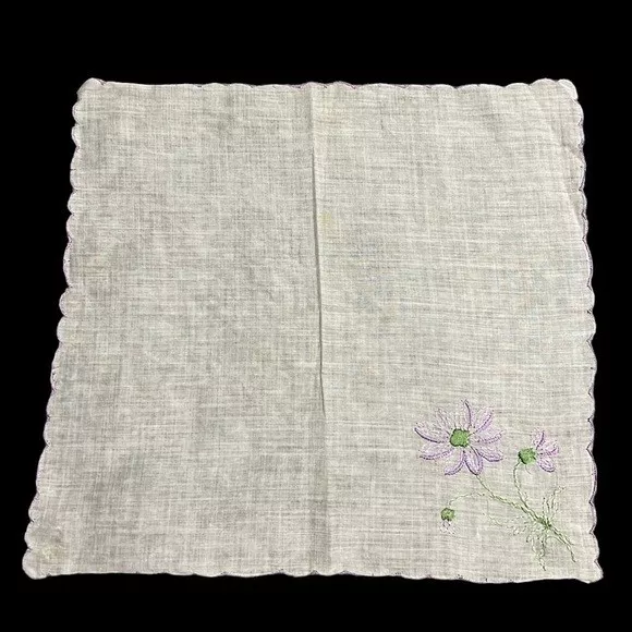 Vintage Handkerchief White Embroidered Purple Flowers Floral Scalloped Edge