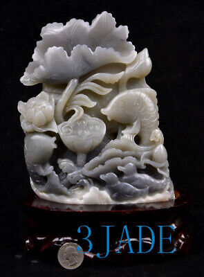 Natural Hetian Nephrite Jade Carving / Sculpture: Lotus Koi Fish Statue