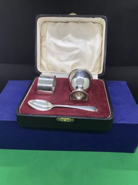 Vintage Solid Silver Christening Set Egg Cup Spoon Napkin Ring In Box Sheffield