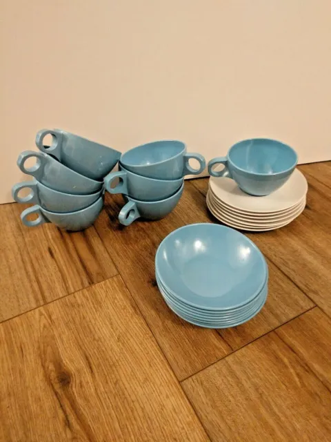 Vintage Mid-Century Modern 50s Stetson Melamine Dish Set Blue / White 23 pcs.