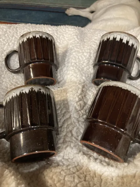 VTG Lot 4 1970s 1960s Retro MCM Brown Drip Glazed Stackable Tea Coffee Mugs 8oz