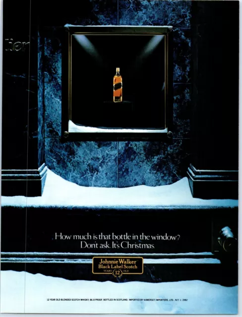 Johnnie Walker Black Label Scotch Bottle in Window 1982 Print Ad 8"w x 10"t