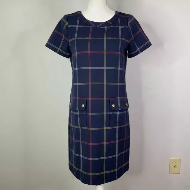 J Crew Relaxed Printed Pocket Dress Women Size 0 Indigo Crimson Blue Plaid