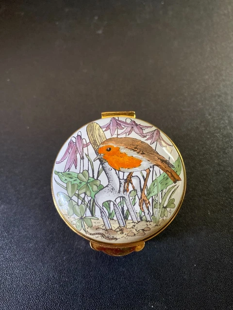 CRUMMLES ENAMEL BOX ROBIN IN GARDEN ~ 1 3/4" Round