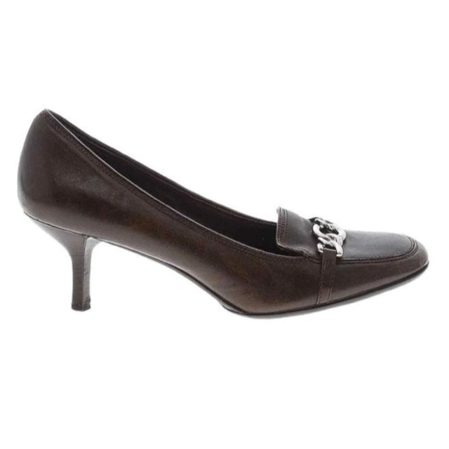 Cole Haan Leather Silver Chain Embellished Slip On Heels Dark Brown Size 8.5B