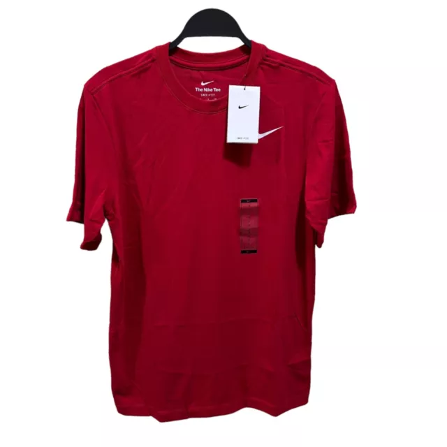 NIKE Mens Size Small Red Dri-FIT Training Athletic Tee White Swoosh Logo