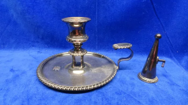 Vintage Silver Plate Candlestick Holder with Attached Snuffer Signed & Stamped 2